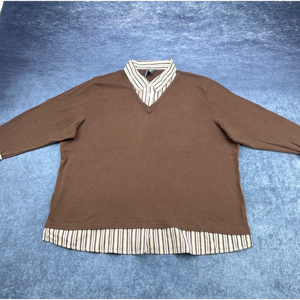 Jason Maxwell Woman Brown 2-in-1 Layered Look Striped Collar Sweater Top 2X